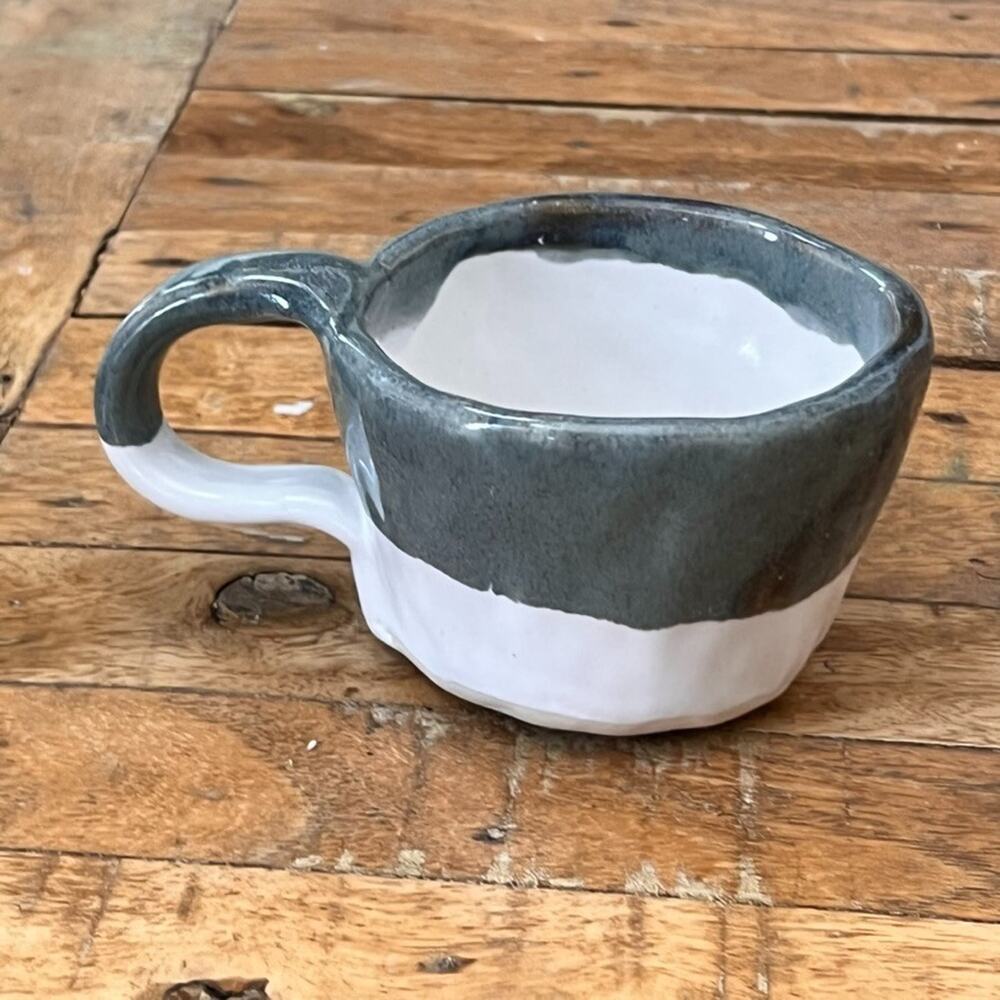 Hand Thrown Studio Art Pottery Mug 3" Gray and White Two Toned Glossy